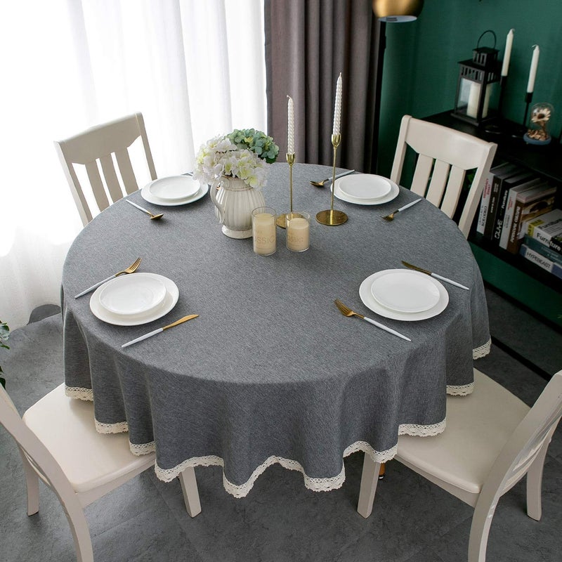 EHouseHome Faux Linen Tablecloth with Lace Trim - Waterproof/Spill Proof/Stain Resistant/Wrinkle Free/Oil Proof - for Banquet, Parties, Dinner,Kitchen,Wedding,Coffee,Holiday,Grey Round 70Inch - Image 3